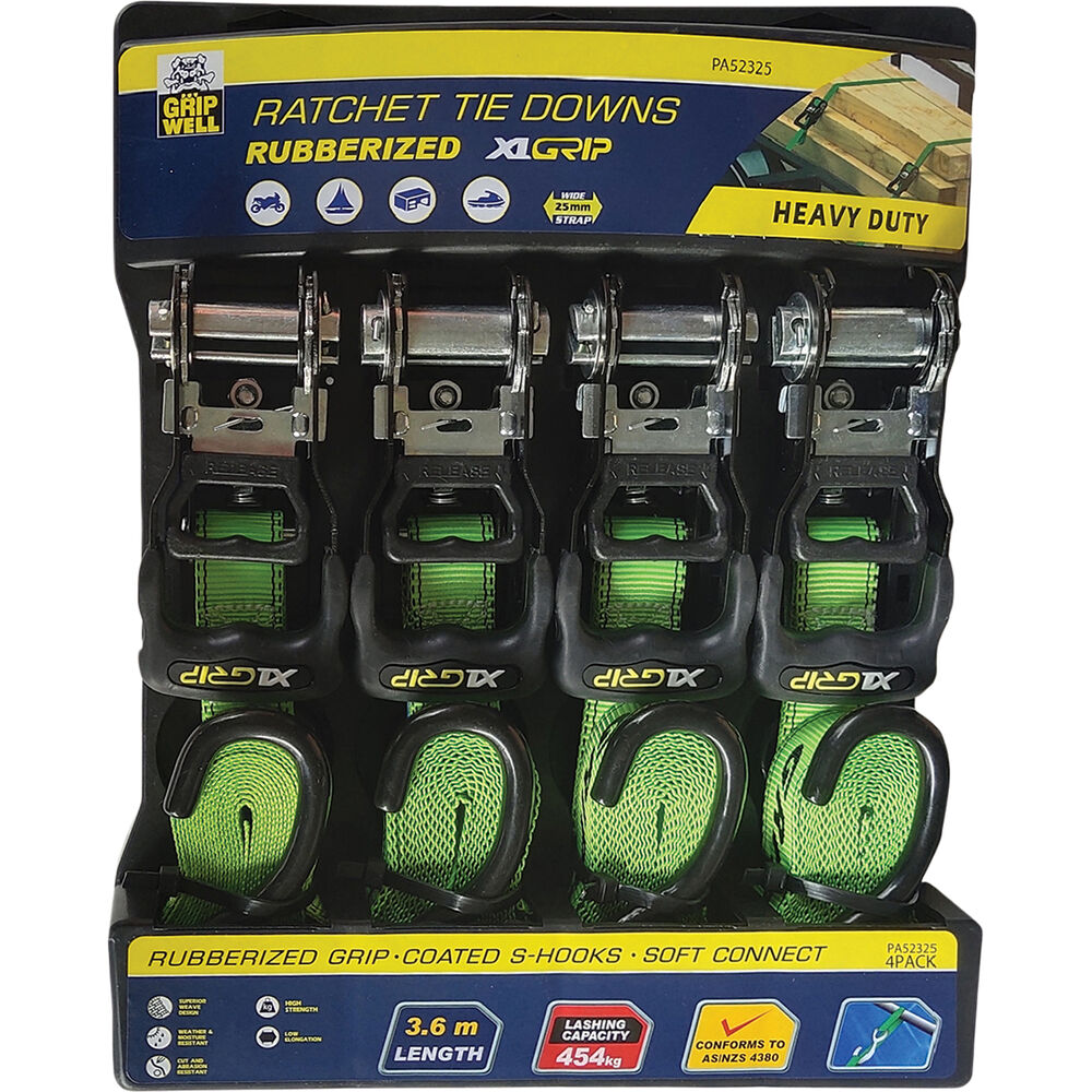 Gripwell Ratchet Tie Down 3.6m, 454kg, 4 Pack Supercheap Auto New