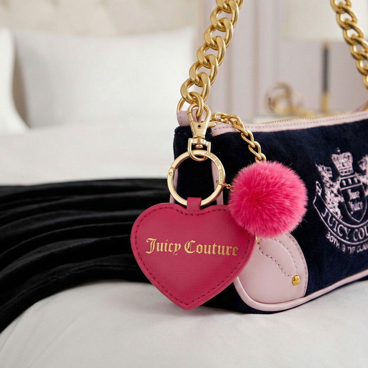Juicy Couture Bling Juicy Keyring - Pink Heart Pompom, , scanz_hi-res