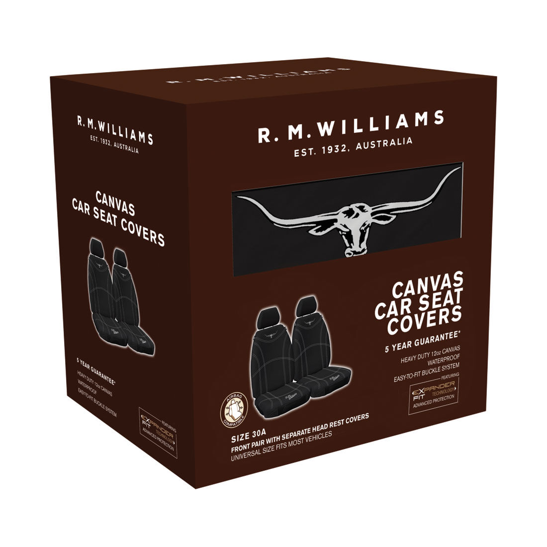 R.M.Williams Canvas Seat Cover Black Adjustable Headrests Size 30 Front Pair Airbag Compatible, , scanz_hi-res