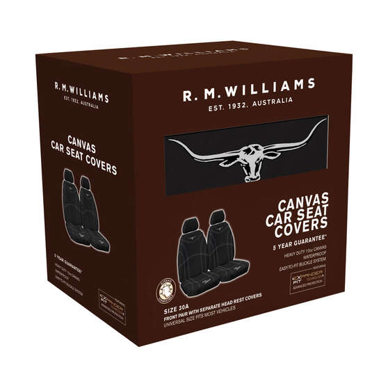 R.M. Williams Canvas Seat Cover Black Adjustable Headrests Size 30 Front Pair Airbag Compatible, , scanz_hi-res