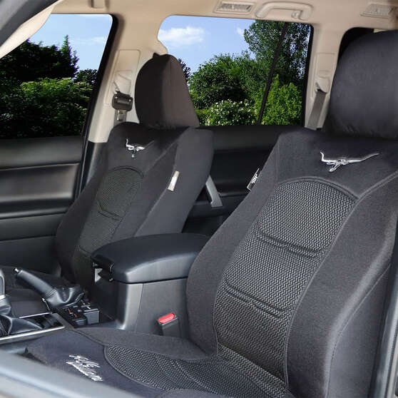 R.M.Williams Woven Seat Covers Black Adjustable Headrests Size 30 Front Pair Airbag Compatible, , scanz_hi-res
