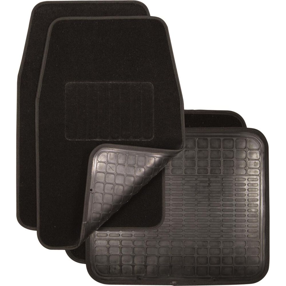 SCA Reversible Car Floor Mats Carpet/Rubber Black Set of 4 Supercheap