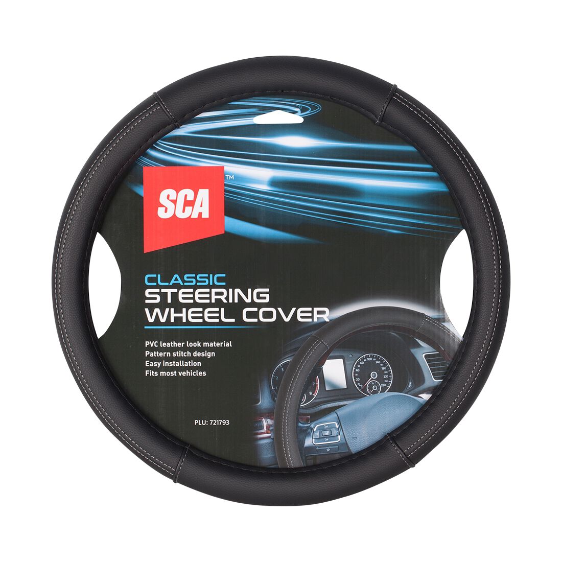 SCA Leather Look Steering Wheel Cover Black & Grey Stitch, , scanz_hi-res