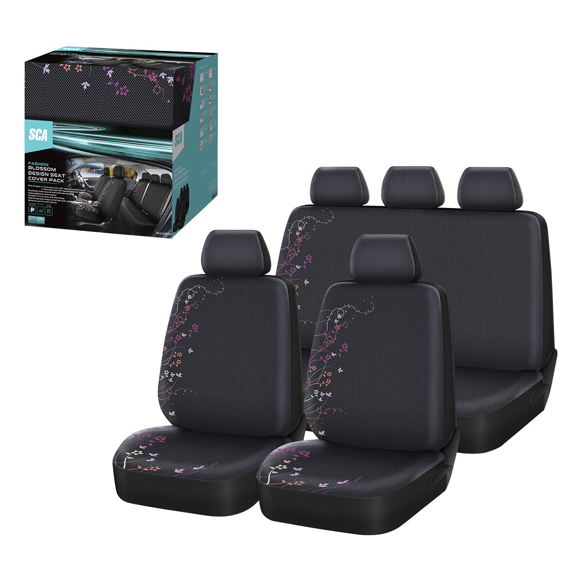SCA Blossom Seat Cover Pack Purple/Orange Adjustable Headrests Airbag Compatible 30&06H SAB, , scanz_hi-res