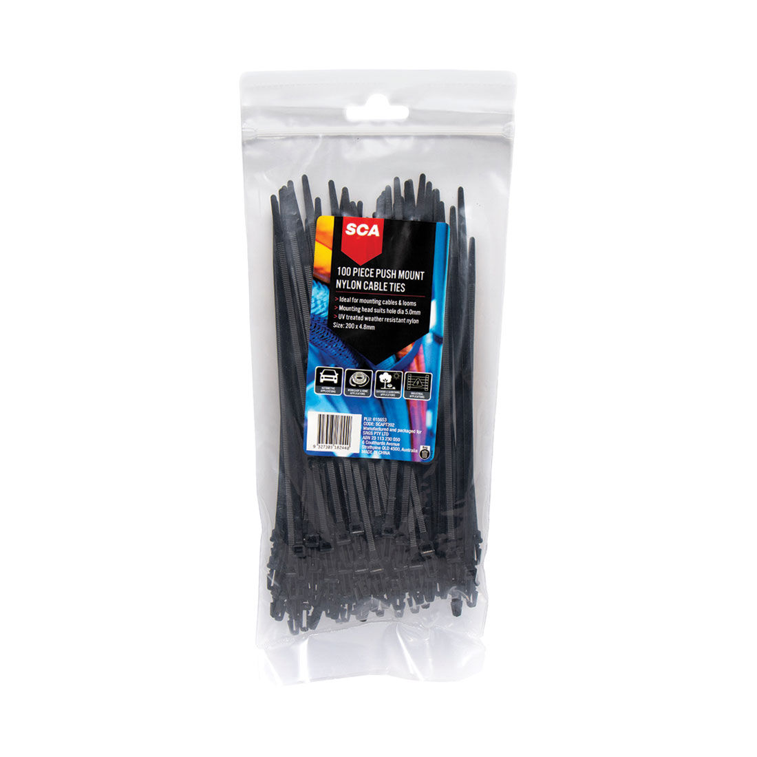 SCA Cable Ties Push Mount - Black, 200mm X 4.8mm, 100 Pack, , scanz_hi-res