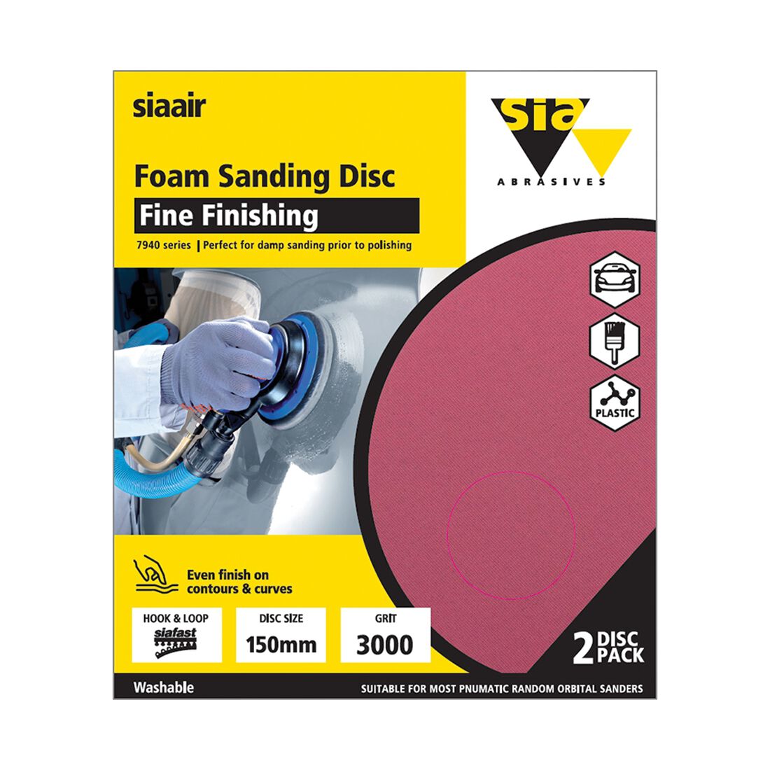 SIA Abrasives 150mm Foam Sanding Disc, 7940 Series, No Hole, 2000 Grit, 2 Pack, , scanz_hi-res