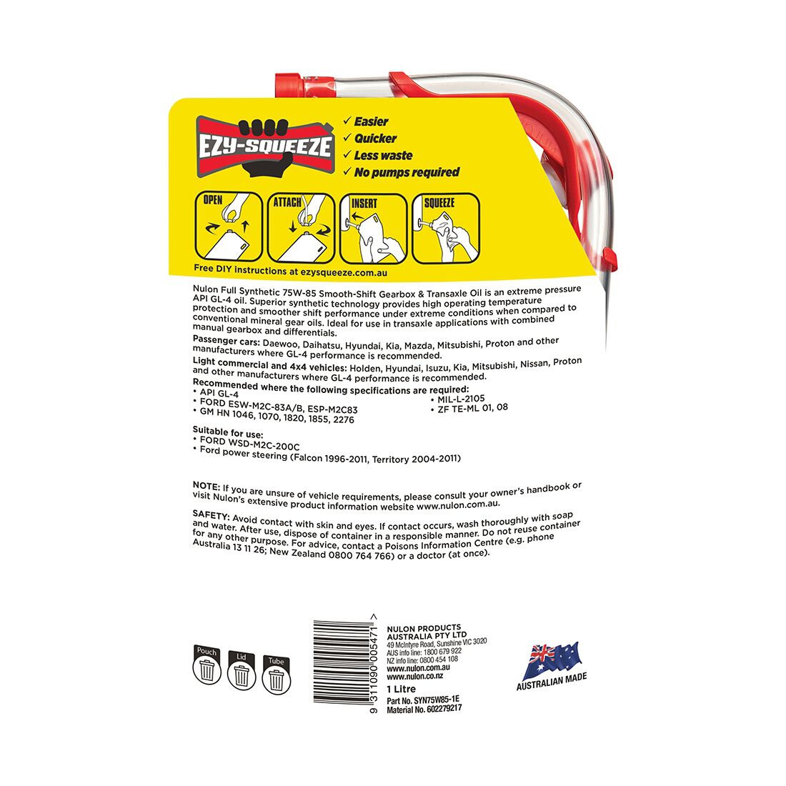 NULON EZY-SQUEEZE Smooth Shift Gearbox & Differential Oil - 75W-85, 1 Litre, , scanz_hi-res