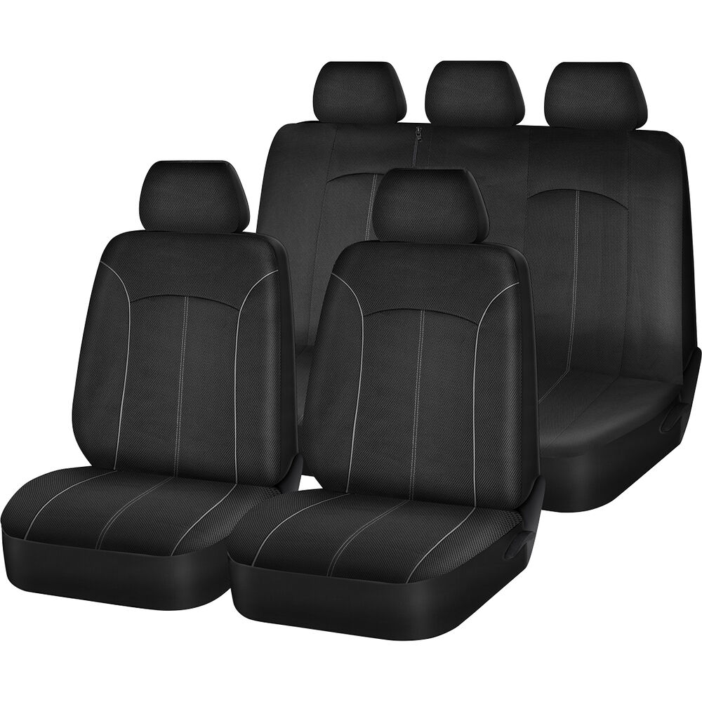 SCA Mesh Seat Cover Pack Black Adjustable Headrests Front Pair & Rear