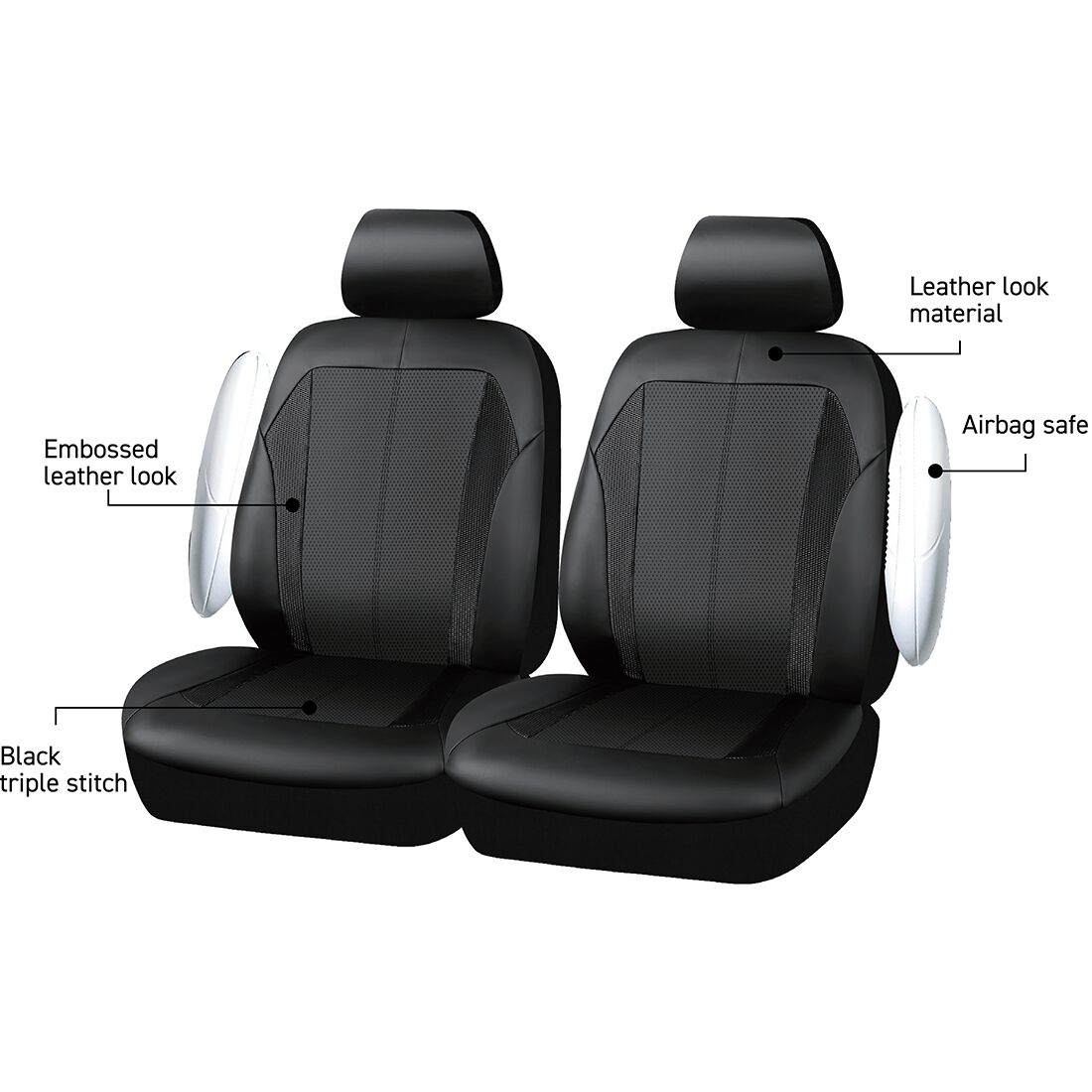 SCA Leather Look Seat Covers Black Adjustable Headrests Airbag Compatible 30SAB, , scanz_hi-res