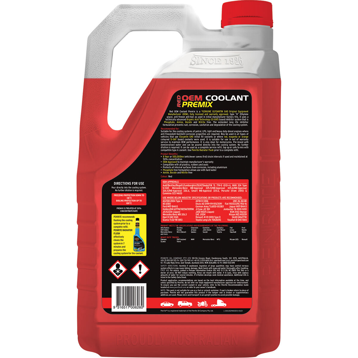 Penrite Red Long Life Anti Freeze / Anti Boil Coolant Premix - 5 Litres, , scanz_hi-res