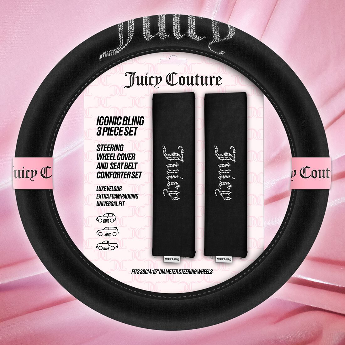 Juicy Couture Big Bling Steering Wheel Cover & Seat Belt Comforters Combo - Black, , scanz_hi-res