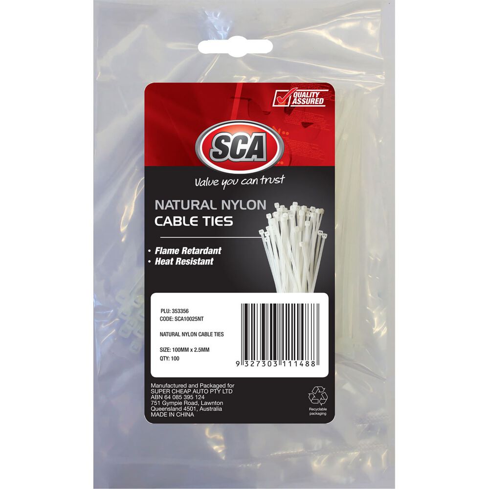SCA Cable Ties White, 100mm x 2.5mm, 100 Pack Supercheap Auto New