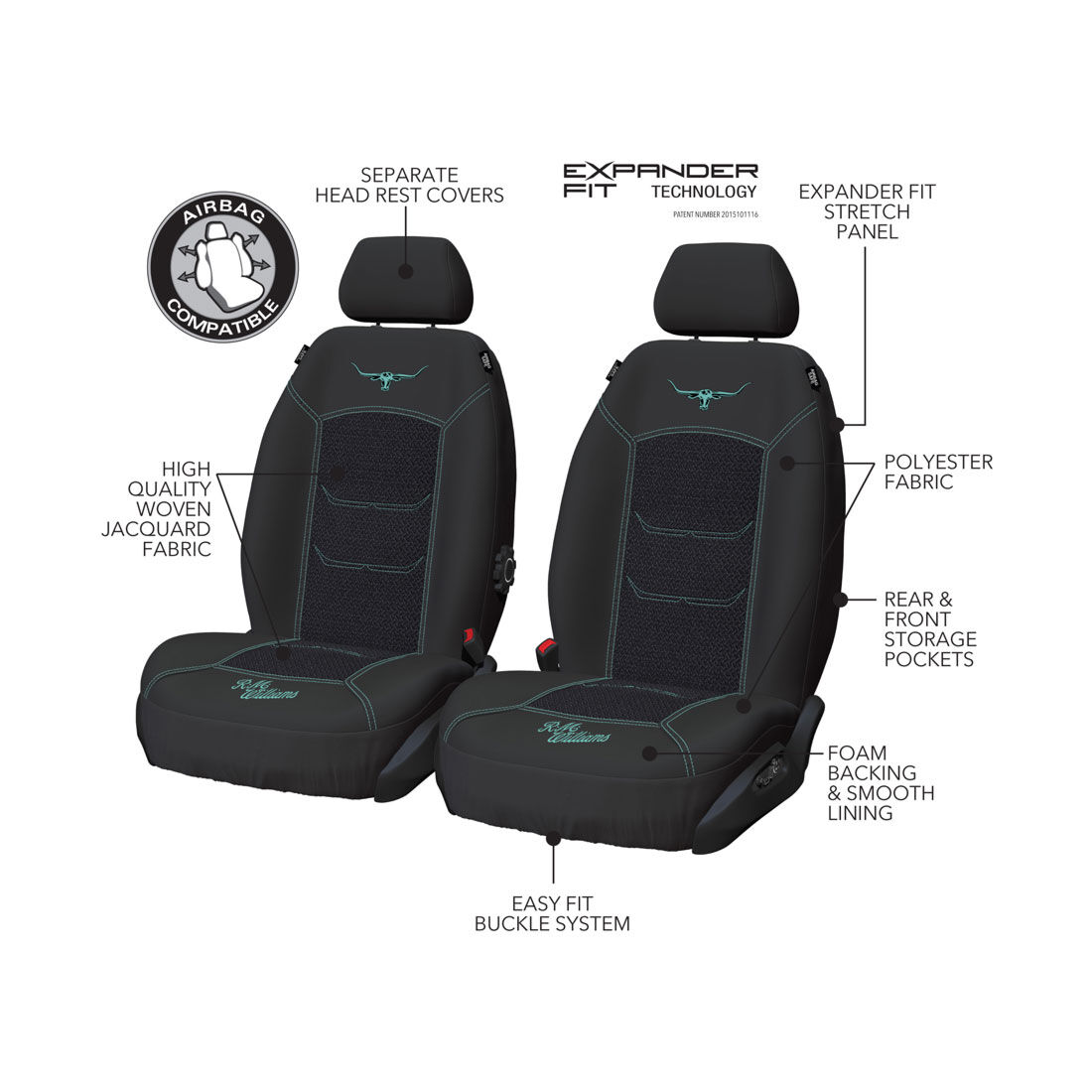 R.M.Williams Aqua Jacquard Seat Covers Black/Aqua Adjustable Headrests Airbag Compatible, , scanz_hi-res