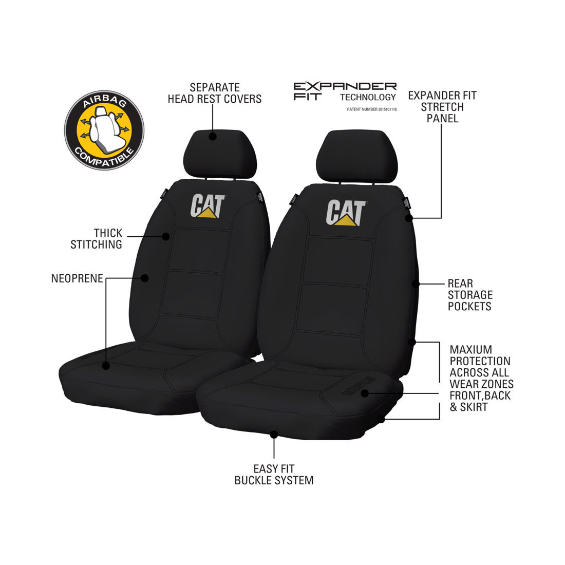 CAT Neoprene Seat Covers Black Adjustable Headrests Size 30 Front Pair Airbag Compatible, , scanz_hi-res