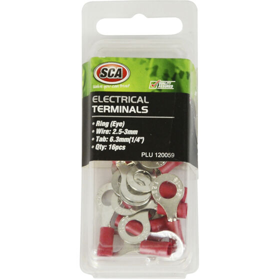 SCA Electrical Terminals - Ring (Eye), Red, 6.3mm, 16 Pack, , scanz_hi-res