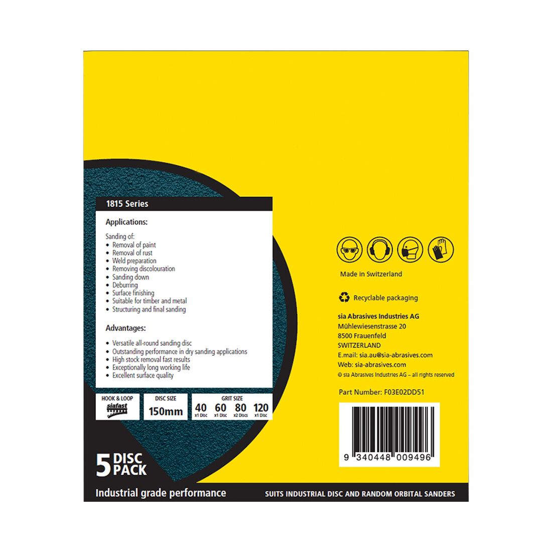 SIA Abrasives 150mm Heavy Duty Sanding Disc, 1815 Series, No Hole, Mixed Grit, 5 Pack, , scanz_hi-res