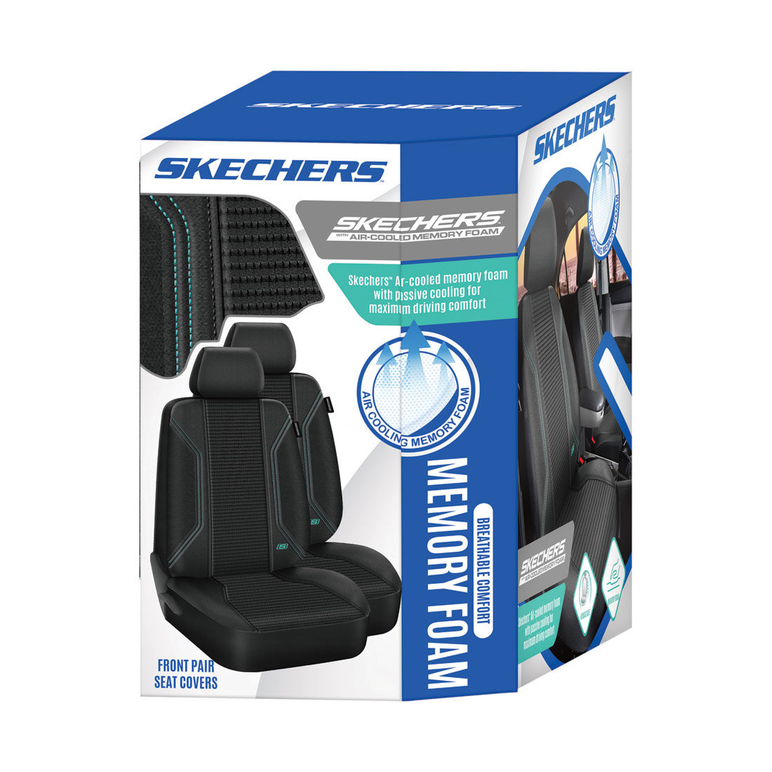 Skechers Air Cooled Memory Foam Seat Covers Black/Aqua Adjustable Headrests Airbag Compatible, , scanz_hi-res