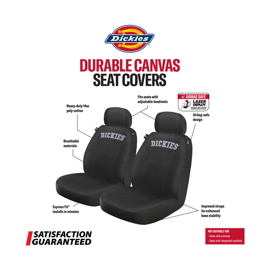 Dickies Collegiate Poly Canvas Seat Covers Black/Grey Adjustable Headrests Airbag Compatible, , scanz_hi-res