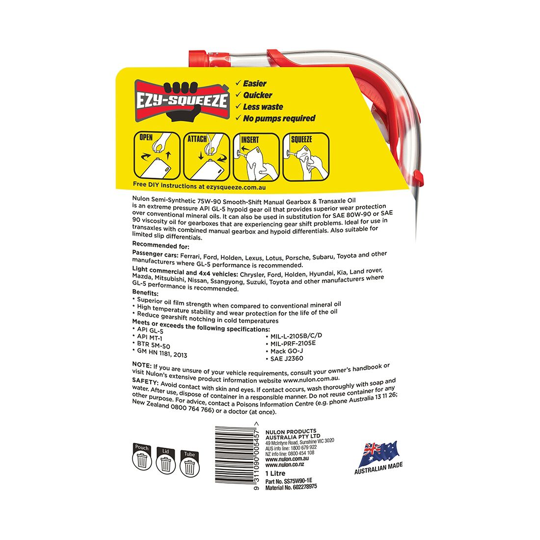 NULON EZY-SQUEEZE Smooth Shift Manual Gearbox & Transaxle Oil - 75W-90, 1 Litre, , scanz_hi-res