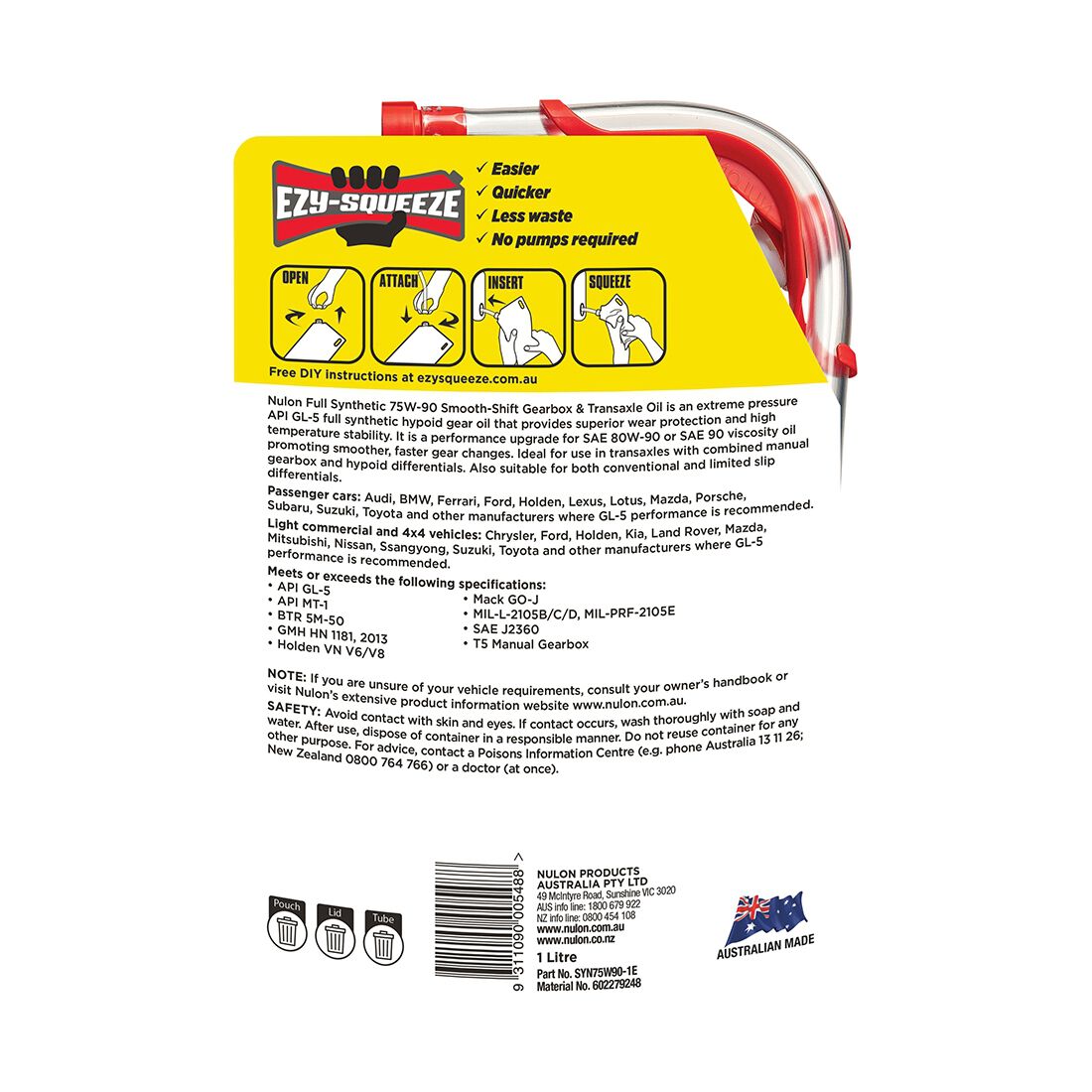 NULON EZY-SQUEEZE Performance Smooth Shift Manual Gearbox & Transaxle Oil - 75W-90, 1 Litre, , scanz_hi-res