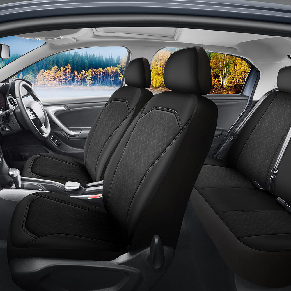 SCA Embroidered Jacquard Seat Cover Pack Black Adjustable Headrests ...