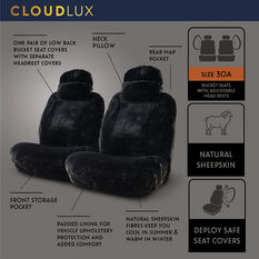 Platinum CLOUDLUX Sheepskin Seat Covers - Black Adjustable Headrests Size 30 Front Pair Airbag Compatible, , scanz_hi-res