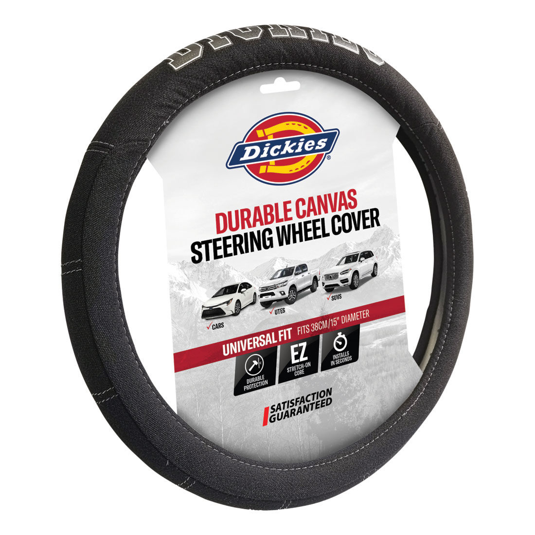 Dickies Collegiate Poly Canvas Steering Wheel Cover Black/Grey 380mm Diameter, , scanz_hi-res