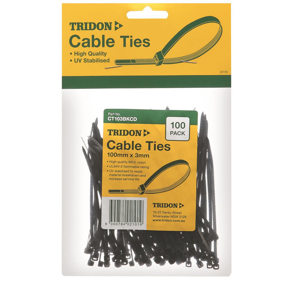 Tridon Cable Ties - Black, 100mm x 3mm, 100 Pack, , scanz_hi-res