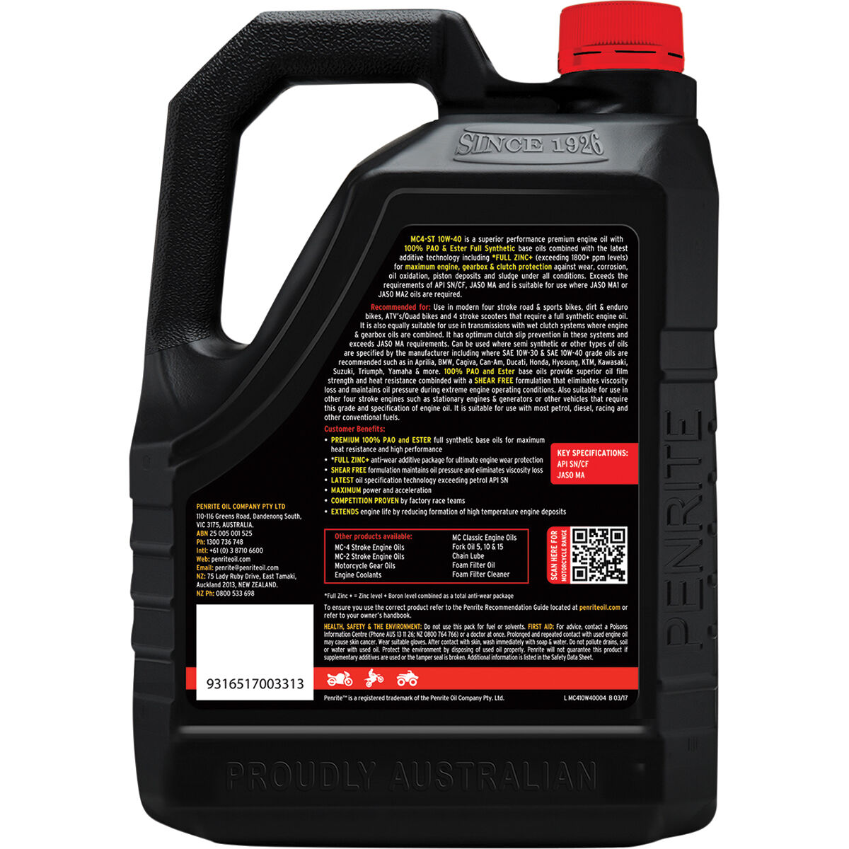 Penrite MC-4 PAO Ester Motorcycle Oil - 10W-40, 4 Litre, , scanz_hi-res