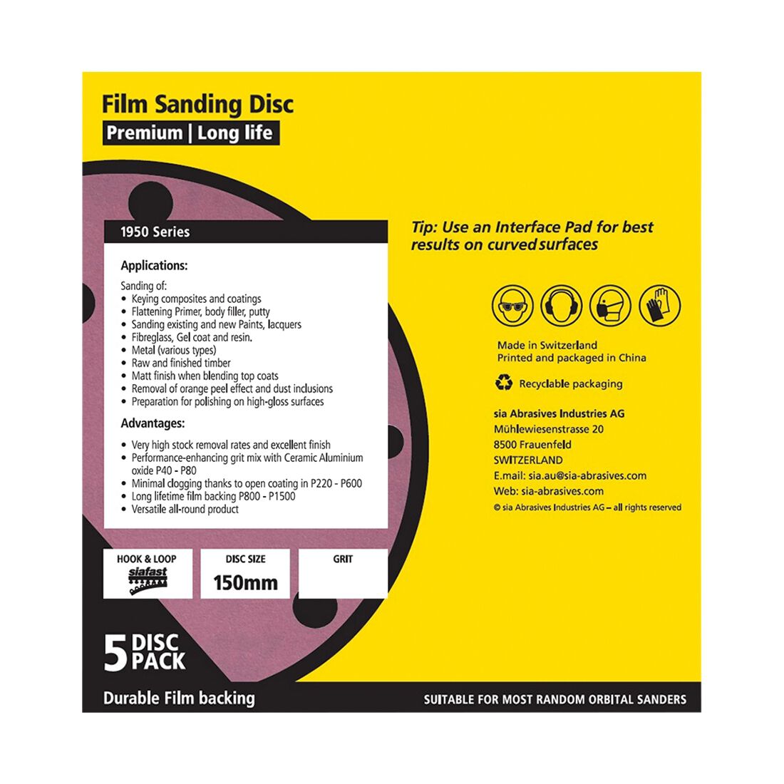 SIA Abrasives 150mm Premium Wet & Dry Sanding Disc, 1950 Series, 8 Hole, 1200 Grit, 5 Pack, , scanz_hi-res