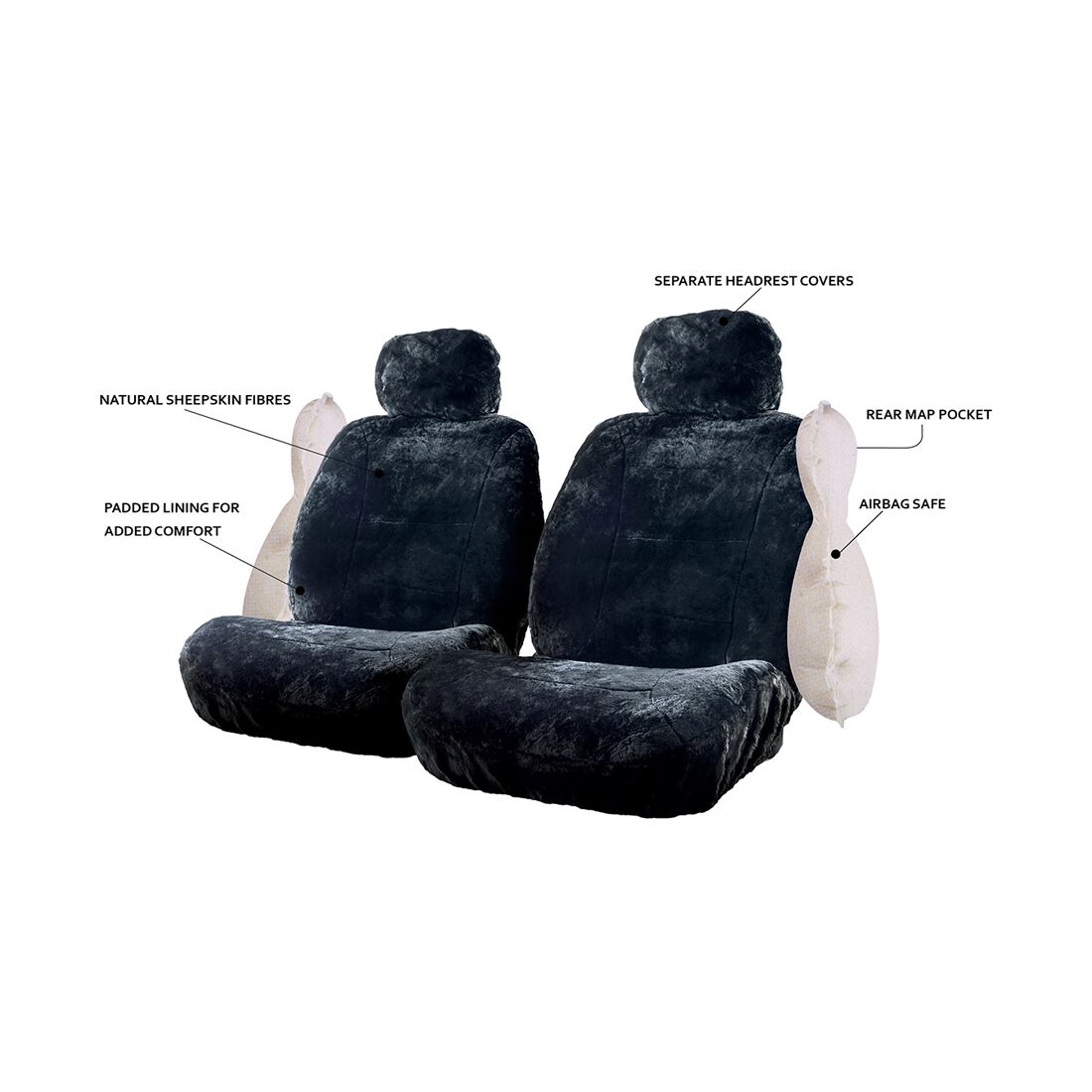 Silver CLOUDLUX Sheepskin Seat Covers - Black Adjustable Headrests Size 30 Front Pair Airbag Compatible, , scanz_hi-res