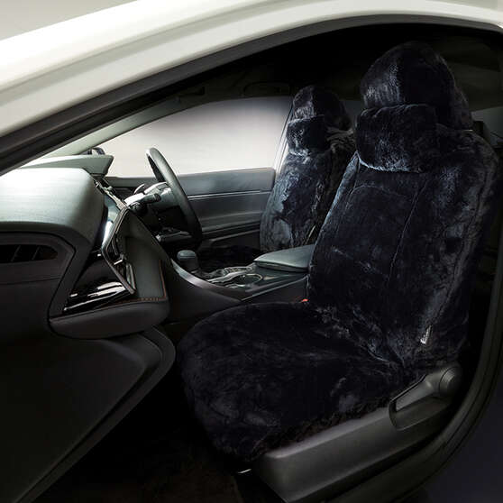 Platinum CLOUDLUX Sheepskin Seat Covers - Black Adjustable Headrests Size 30 Front Pair Airbag Compatible, , scanz_hi-res