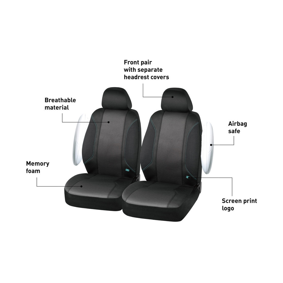 Skechers Air Cooled Memory Foam Seat Covers Black/Aqua Adjustable Headrests Airbag Compatible, , scanz_hi-res