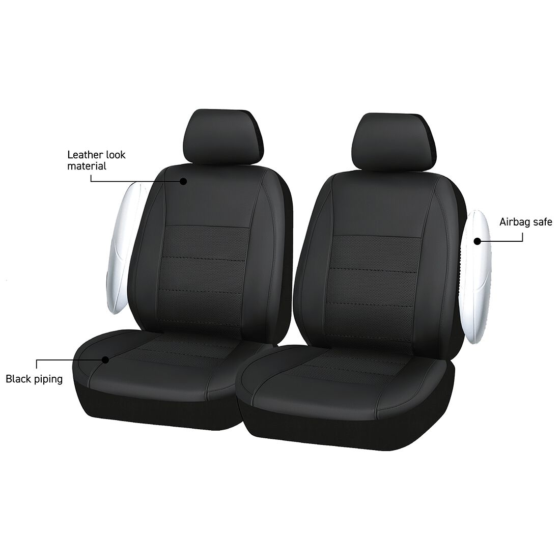 SCA Leather Look Seat Covers Black Adjustable Headrests Airbag Compatible 30SAB, , scanz_hi-res