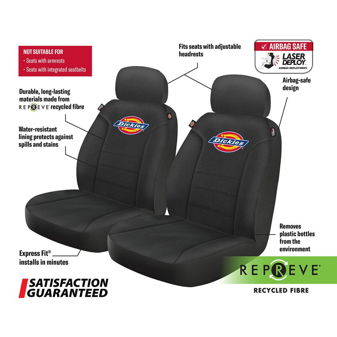 Dickies Repreve Polyester OG Logo Seat Covers Black Adjustable Headrests Airbag Compatible, , scanz_hi-res