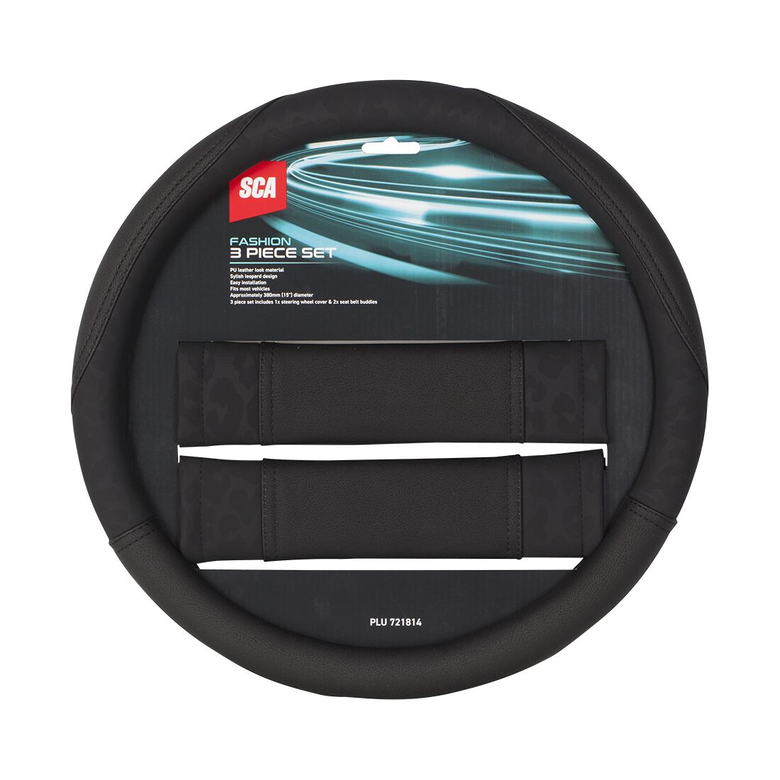 SCA Steering Wheel Cover & Seat Belt Buddie Black Leopard Leather Look, , scanz_hi-res