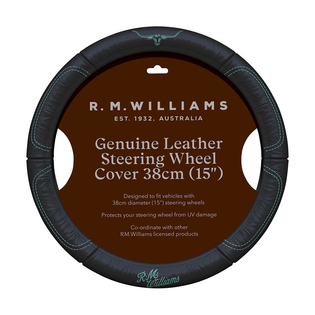 R.M.Williams Aqua Steering Wheel Cover Leather Black/Aqua 380mm Diameter, , scanz_hi-res