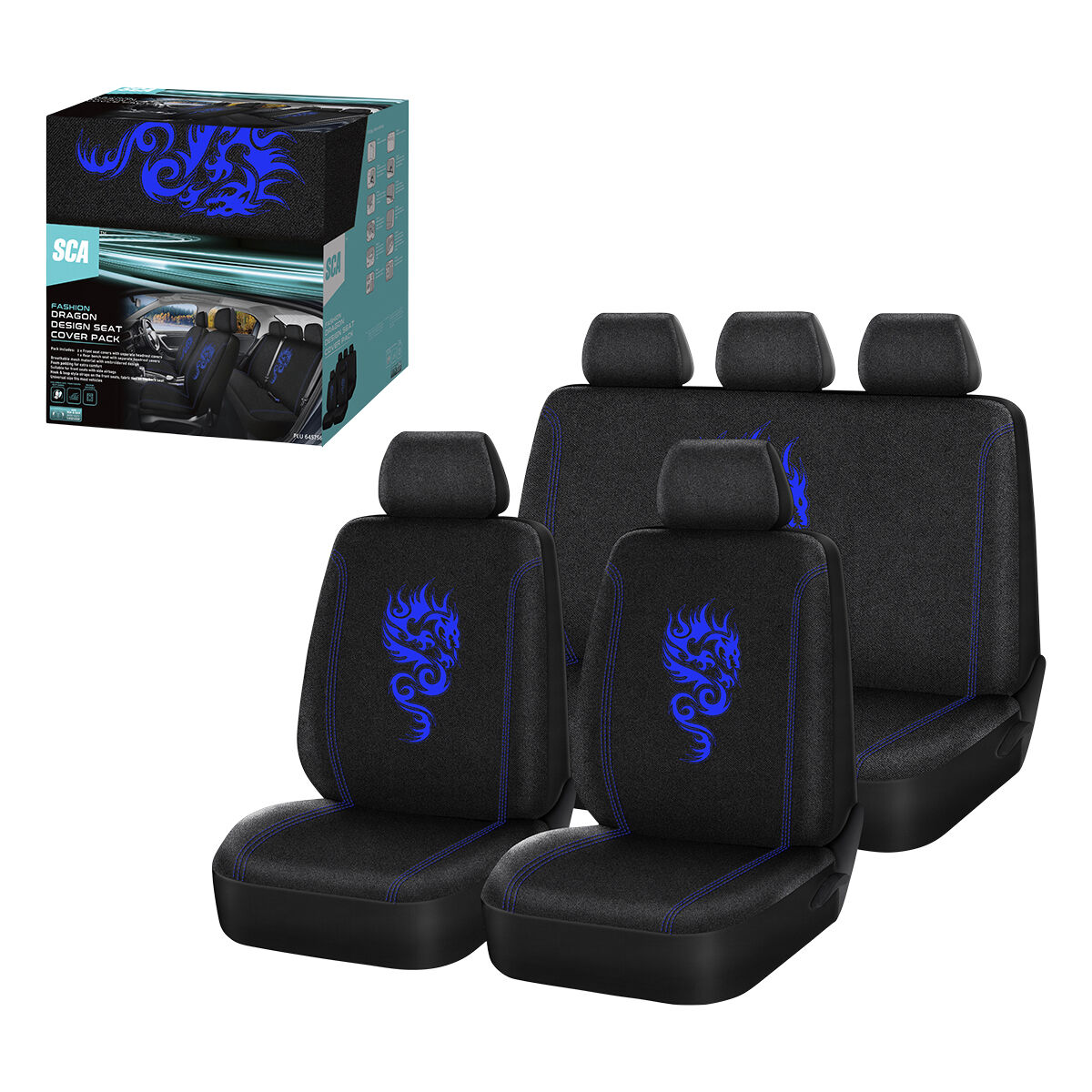 SCA Dragon Seat Cover Pack Blue Adjustable Headrests Airbag Compatible 30&06H SAB, , scanz_hi-res