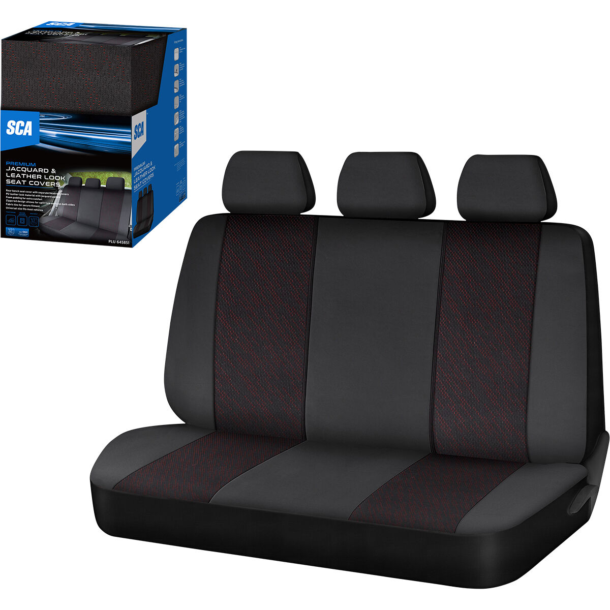 SCA Premium Jacquard & Leather Look Seat Covers Black/Red Adjustable Headrests Rear Bench 06H, , scanz_hi-res