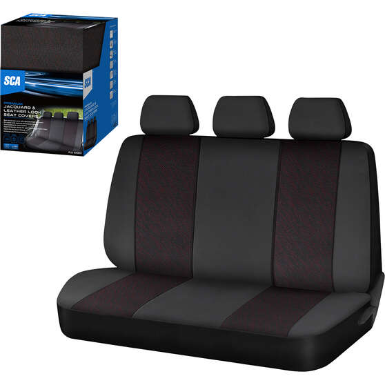 SCA Premium Jacquard & Leather Look Seat Covers Black/Red Adjustable Headrests Rear Bench 06H, , scanz_hi-res