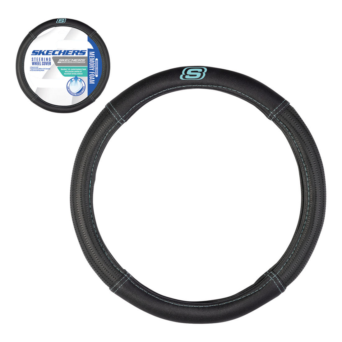 Skechers Air Cooled Memory Foam Steering Wheel Cover Black Aqua