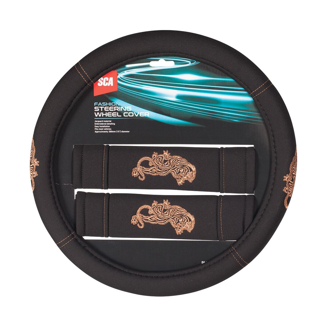 SCA Steering Wheel Cover and Seat Belt Buddy Set Bronze/Black, , scanz_hi-res