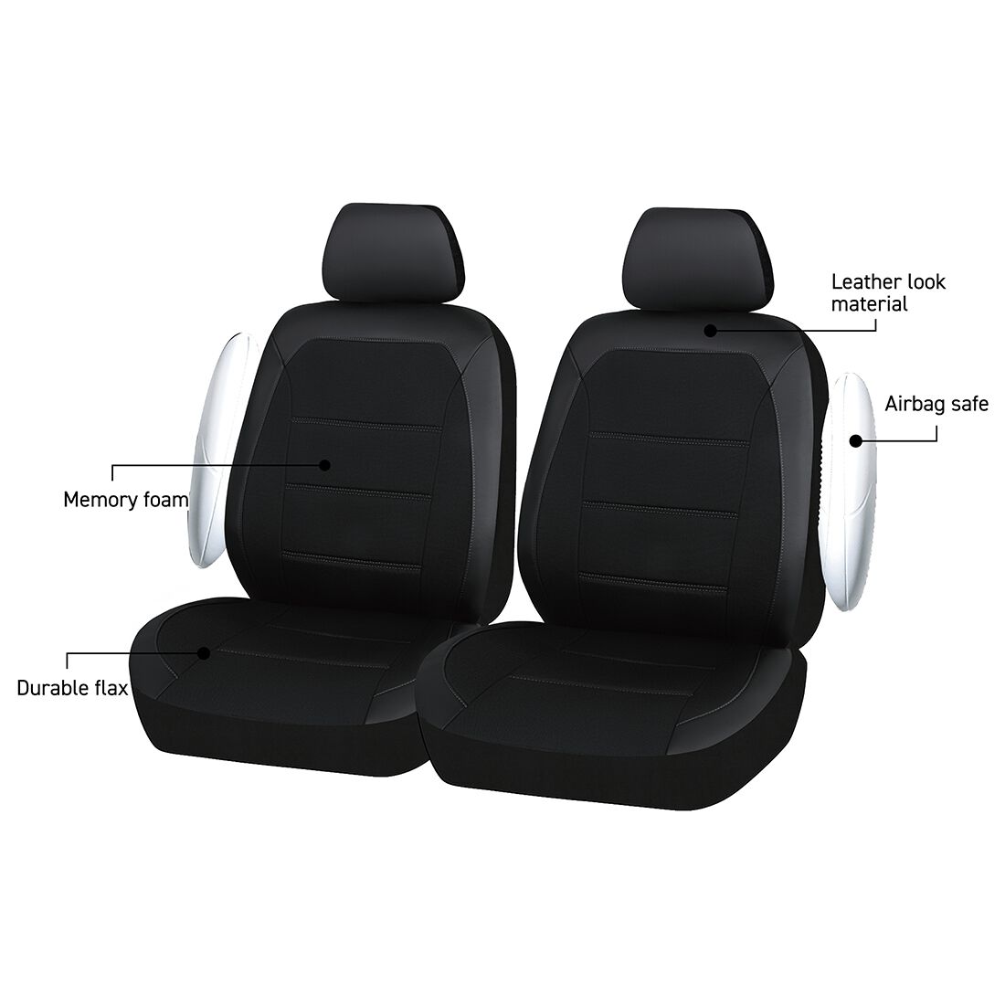 SCA Memory Foam Flax & Leather Look Seat Covers Black Adjustable Headrests Airbag Compatible, , scanz_hi-res