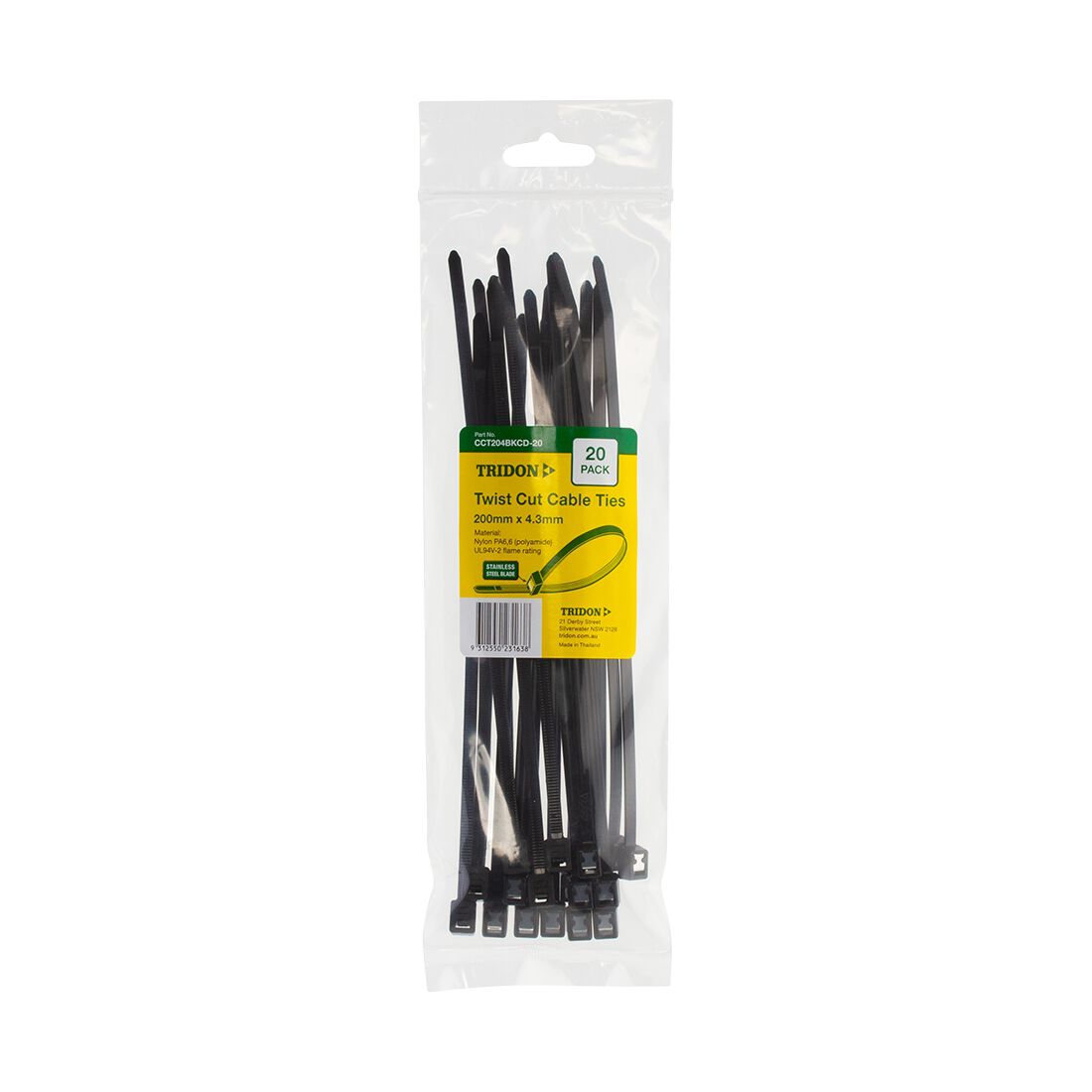 Tridon Twist & Cut Cable Ties - Black, 200mm x 4.3mm, 20 Pack - CCT204BKCD-20, , scanz_hi-res