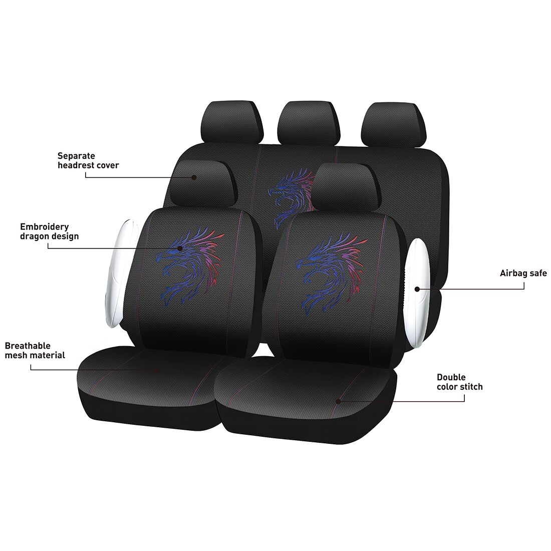 SCA Dragon Seat Cover Pack Red/Black Adjustable Headrests Airbag Compatible 30&06H SAB, , scanz_hi-res
