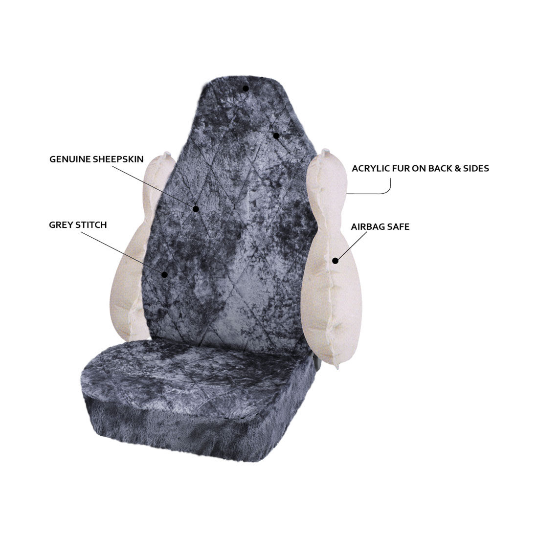SCA Diamond Cut Sheepskin Single Seat Cover Slate Built In Headrests Airbag Compatible 60SAB, , scanz_hi-res