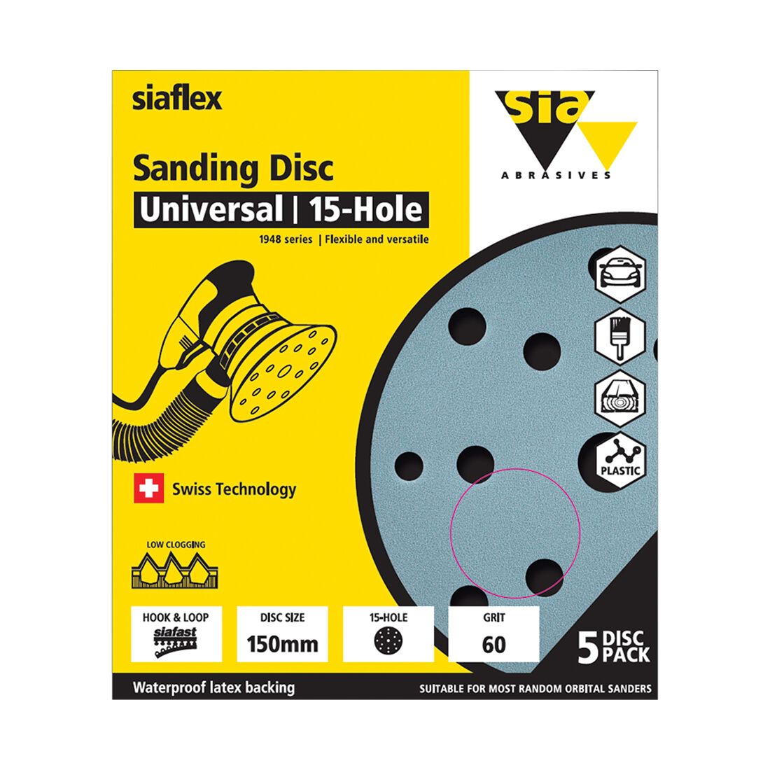 SIA Abrasives 150mm Wet & Dry Sanding Disc, 1948 Series, 8 Hole, 60 Grit, 5 Pack, , scanz_hi-res