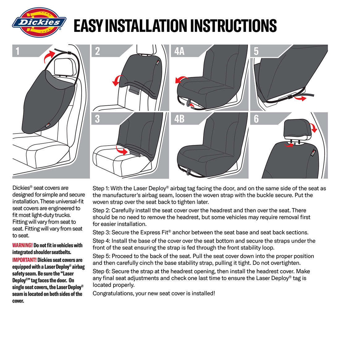 Dickies Collegiate Poly Canvas Seat Covers Black/Grey Adjustable Headrests Airbag Compatible, , scanz_hi-res
