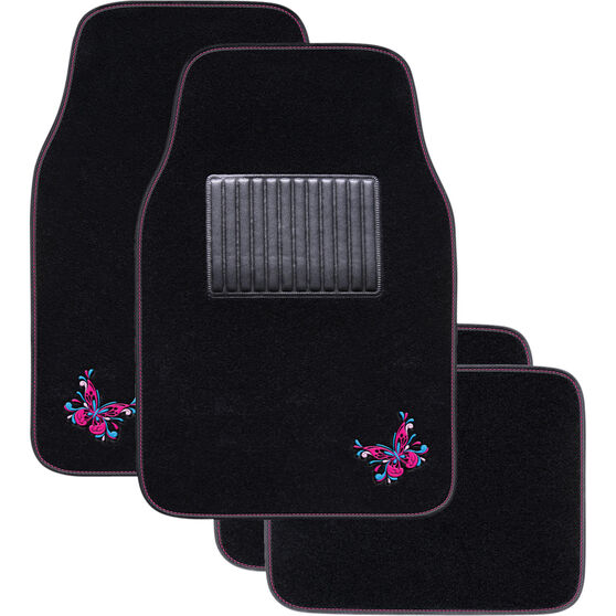 SCA Butterfly Floor Mats Carpet Black/Pink/Blue Set of 4, , scanz_hi-res