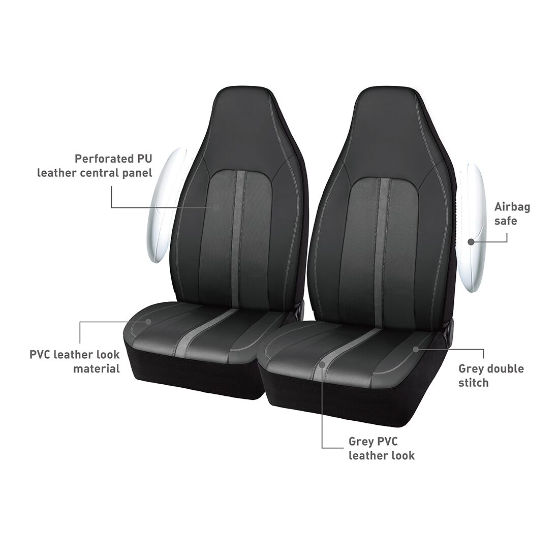 SCA Seat Cover Sports Black & Grey Metallic Leather Look, Built-in Headrests, Airbag Compatible, Size 60A, , scanz_hi-res